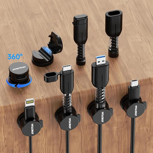 6 Desktop Cord Organizer Magnetic Spring Cable Clips Rotatable Cord Holder 2 Charging Cord Protecors for Nightstand Phone Charger Organizer Computer Desk Cable Management Appliance Adhesive Wire Strap