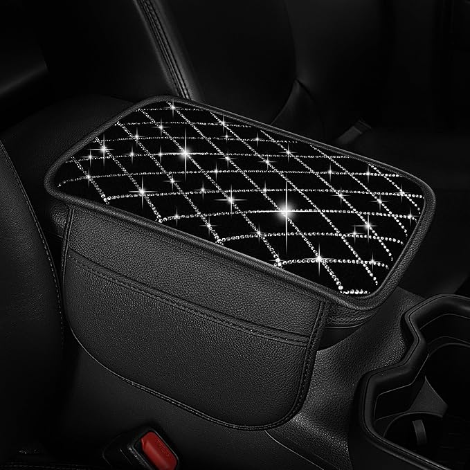 Bling Armrest Cover for Car Compatible with Jeep Compass - Center Console Cover with 2 Storage Pockets and Crystal Diamond(Black)