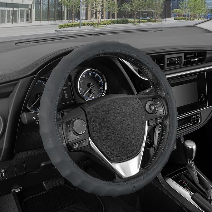 BDK Genuine Gray Leather Steering Wheel Cover for Car, Medium (14.5" - 15.5") – Ergonomic Comfort Grip for Men & Women, Universal Fit Car Steering Wheel Cover for Most Vehicles