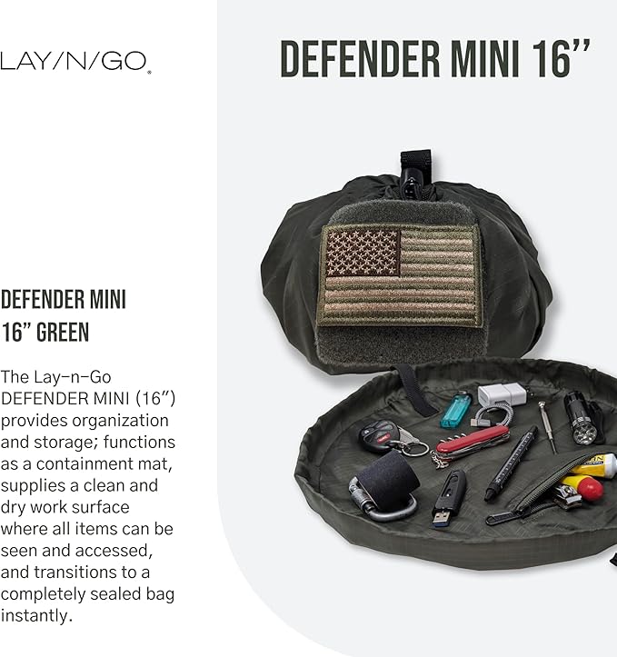 Lay-n-Go Defender Tactical Bag for Gear - Multifunctional Lay-Flat Military Tactical Travel Sack w/Zippered & Mesh Pockets - Water-Resistant, Machine-Washable Utility Tool Bag (16", Combat Green)