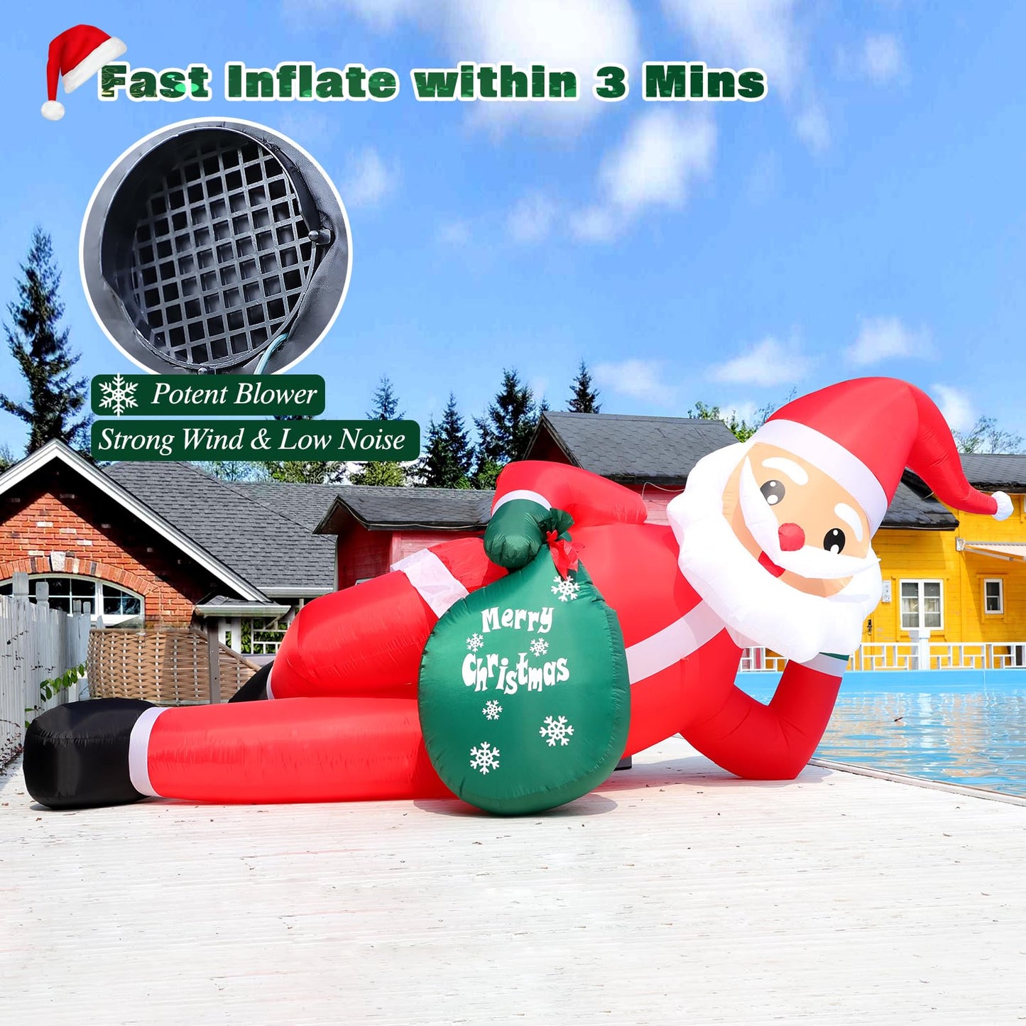 12 FT Giant Christmas Inflatables Santa Claus Outdoor Decorations, Huge Blow up Lying Santa Claus with Gift Bag Yard Decor, Built-in Brilliant LED Lights for Yard Lawn Garden Holiday Party