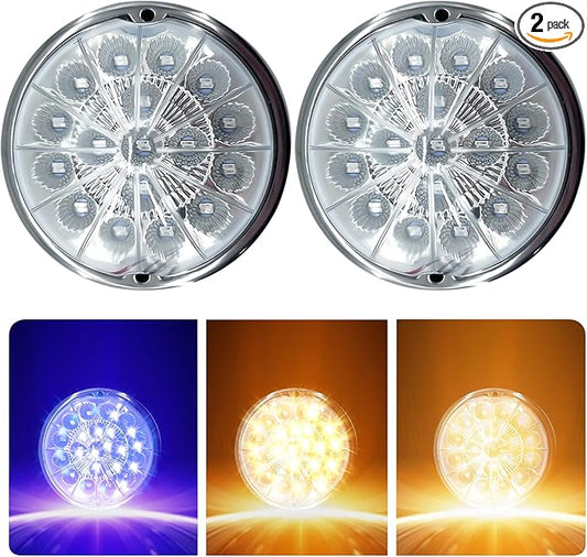 2PCS 17 LED Dual Revolution Watermelon Lights, Amber Turn Signal & Marker to Blue Auxiliary, Clear Lens & Stainless Steel Bezel for Freightliner, Peterbilt, Heavy Trucks & Trailers