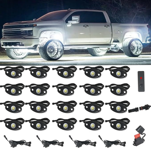 20pods White Rock Lights Dc 12v-80v 6000k Aluminum Alloy Pure White Led Rock Lights with Switch Wiring Harness Kit Ip68 Waterproof for Trucks Pickup Offroad Car SUV Utv ATV Rv Fends Underglow Lights