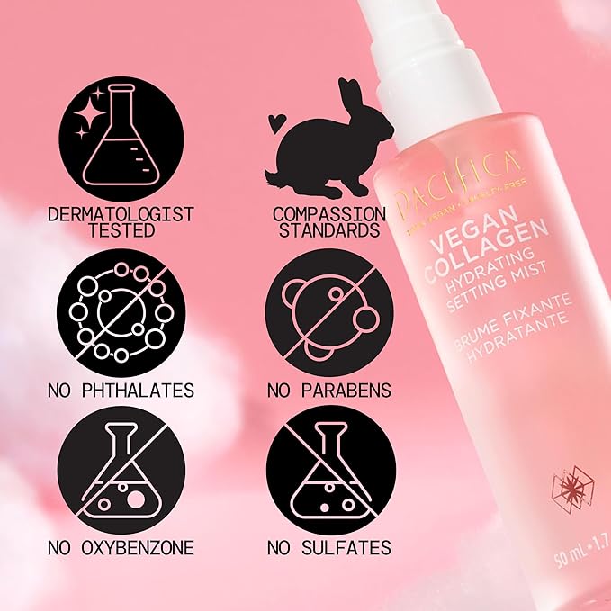 Pacifica Beauty Vegan Collagen Hydrating Setting Mist – Hydrating Illuminating Face Primer for Dewy Skin, w/Vegan Collagen & Squalane for Radiant Glow, Soft-Focus Pore Blurring Makeup Base