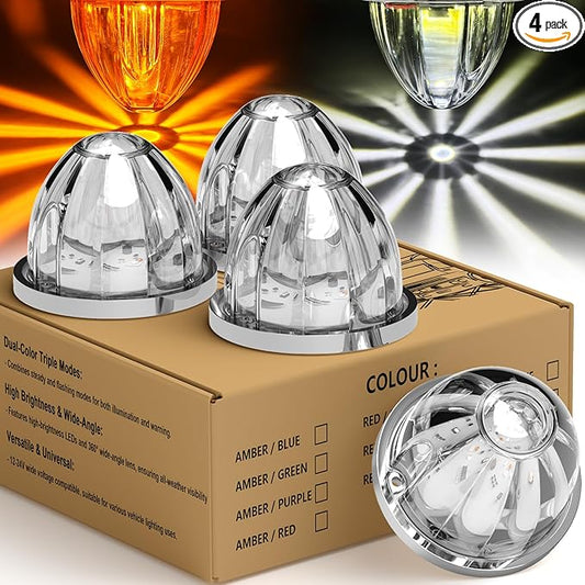 4-Pack Dual Color Watermelon Lights with Strobe & Steady Lighting, Clear Lens Amber/White LED Side Marker Turn Signal Lights for Truck Trailer RV Off-Road Vehicle