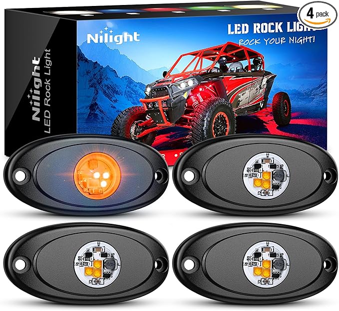 Nilight LED Rock Light 4PCS Amber Underglow Wheel Well Fender Pods Waterproof Exterior Underbody Roof Rack Side Lamps for 12V 24V Car Truck Pickups ATV UTV SUV Motorcycle Boat