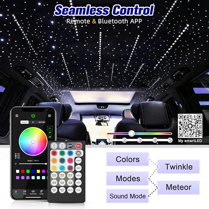 12W Twinkle&Meteor 2 in 1 RGBW Starlight Headliner Kit, 550pcs*0.03in*13.1ft+96pcs Shooting Star Lights for Car/Home Ceiling, Fiber Optic Lights with Bluetooth APP/Remote Control/Music Effect
