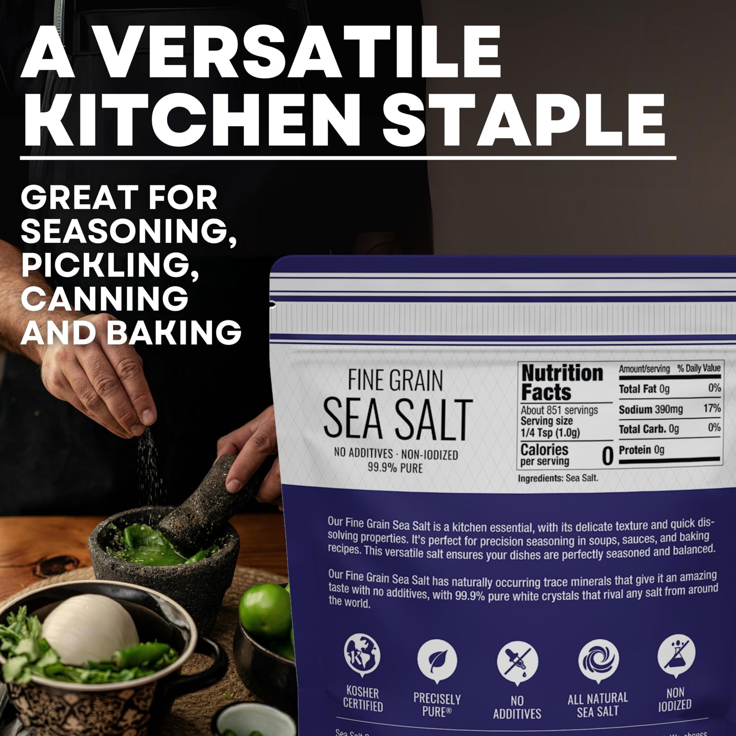 Fine Grain Sea Salt for Baking, Pure Non-Iodized Baja Table Salt Replacement, Mineral Rich for Cooking, 14 oz Bag