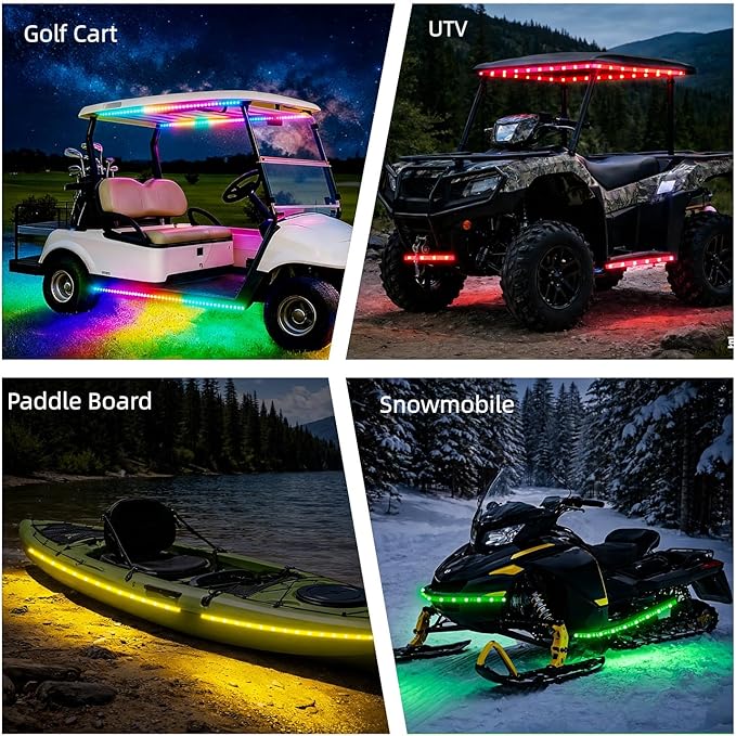 Battery Powered Golf Cart Canopy Lights, 2 Pack 8FT IP68 Fully Waterproof Golf Cart Roof Light Strip with Remote, Golf Carts Underglow RGB Led Strip Lights for EZGO Yamaha Marine Boat Kayak SUP UTV