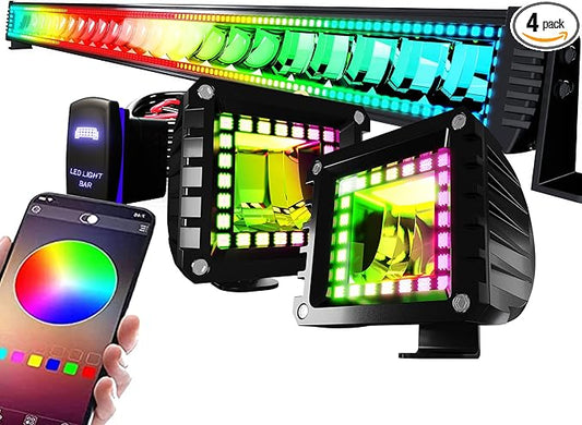 50" RGB LED Light Bar 2Pcs 4" Flood LED Pods with Multi-Color Chasing RGB Halo 16 Solid Colors Over 92 Flashing Modes Offroad Lights Driving Lamp Fog Lights with Switch Wiring Harness