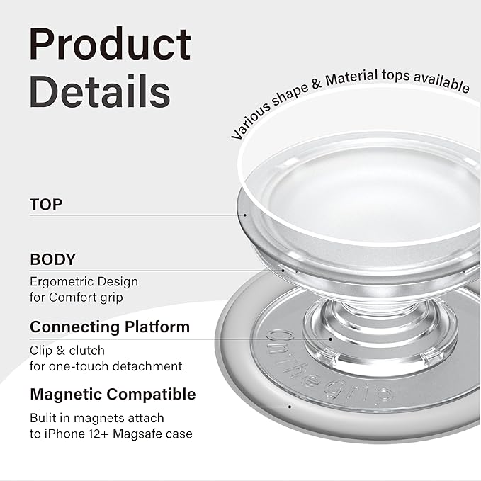 On The Grip Compatible with Magsafe Ultra-Thin Collapsible Phone Grip – Sleek Magnetic Phone Holder for iPhone & Android, 360 Rotation, Wireless Charger Compatible, Durable & Portable (Violet)