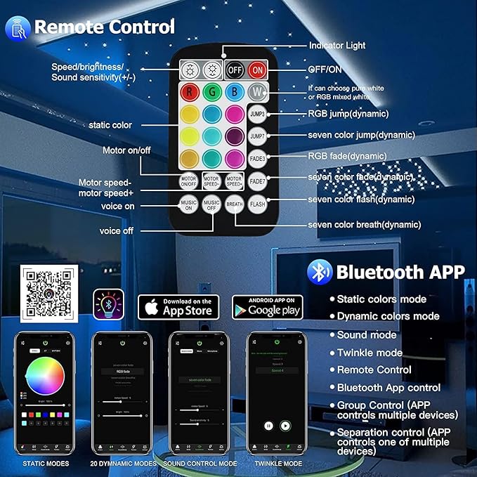 AMKI Updated 16W RGBW Fiber Optic Light Twinkle + Sound Activated 300pcs 0.03in 9.8ft Cables APP Remote Music Control Car Home Starlight Headliner Star Ceiling Light Kit