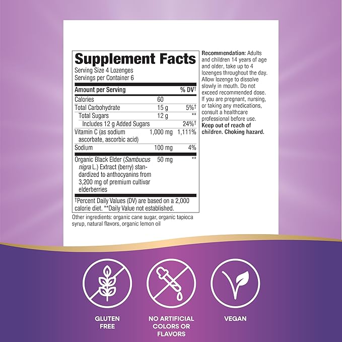 Nature’s Way Sambucus Immune Lozenges, High Potency Vitamin C, Elderberry, Wild Cherry Flavored, 24 Lozenges (Packaging May Vary)