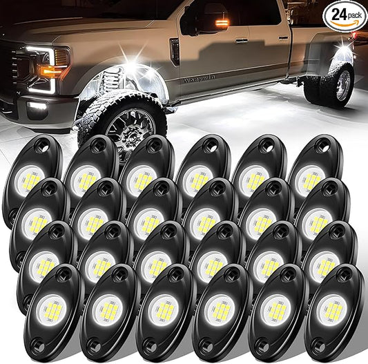 24 Pods White Rock Lights, 6000K Pure White Super Bright Wide Angle IP68 Waterproof LED Rock Lights for Trucks Pickup SUV UTV ATV Motorcycle Car Boats Underglow Lighting