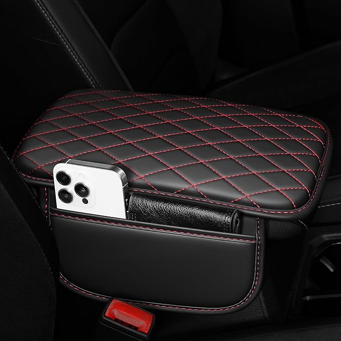Center Console Cover for Cars Fit for Jeep Cherokee Leather Armrest Covers with 2 Storage Bags(Black&Red)