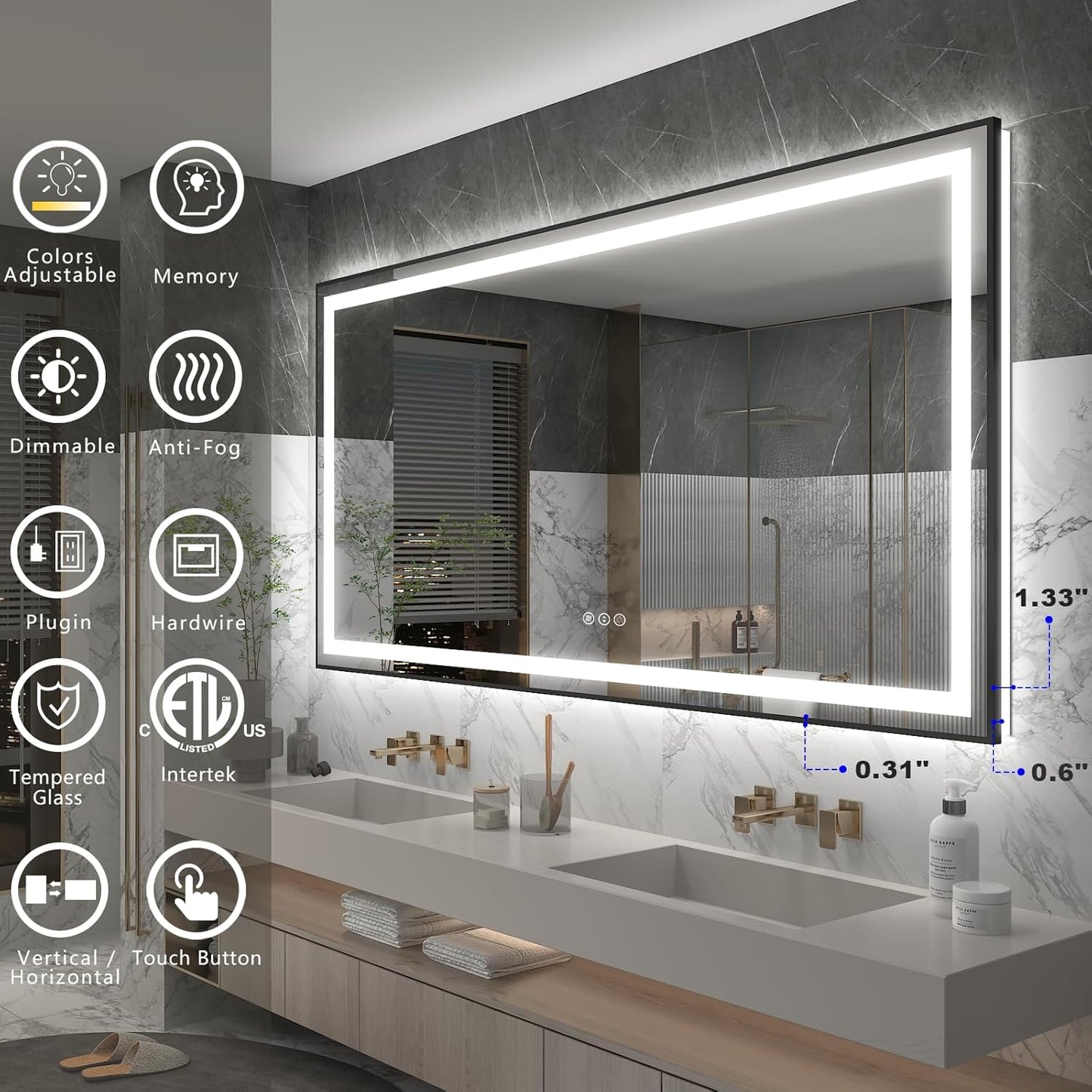 OKPAL 60x40 Black LED Bathroom Mirror, Lighted Bathroom Mirrors with Lights, Front Light and Backlit, Lighted Vanity Mirror, Dimmable, Anti-Fog, Shatterproof, ETL Listed (Horizontal/Vertical)