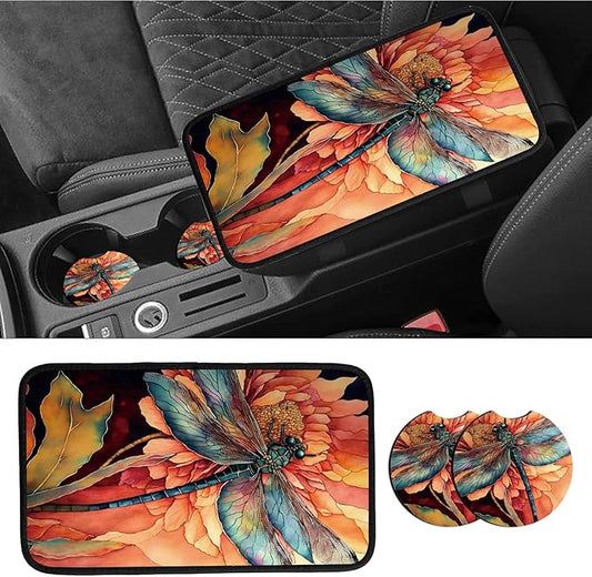 Car Armrest Cover Pads Universal Fashion Cute Auto Center Console Armrest Cover Pad with 2PCS Car Coasters Soft Waterproof Car Armrest Seat Protector for Women Girls, Dragonfly