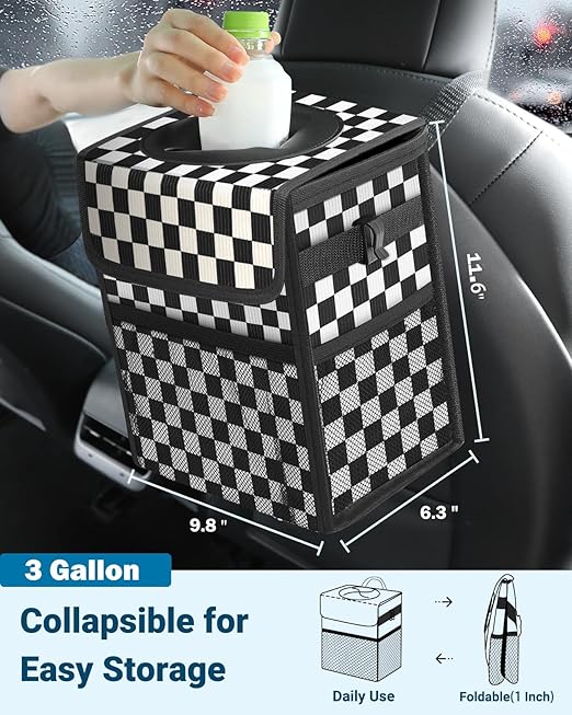 Capolo Car Trash Can with Lid, Leakproof Car Trash Bag Hanging Waterproof Automotive Garbage Can with Storage Pockets Mini Vehicle Trash Bin for Back/Front Seat(Black Checkerboard,3 Gallon)