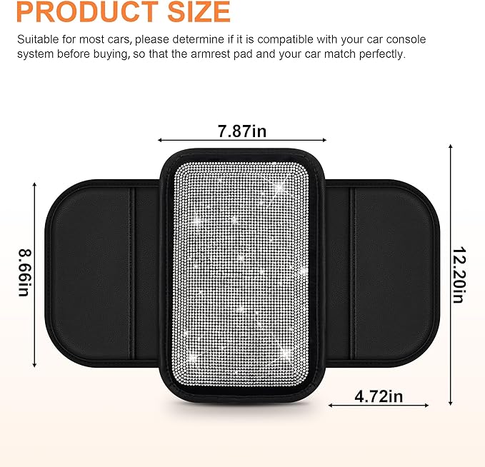 Bling Car Center Console Cover Custom Fit for Jeep Grand Cherokee L - Leather Armrest Cover with 2 Storage Pockets and Crystal Rhinestones(Black)
