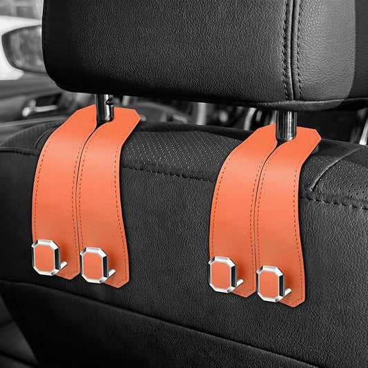 2PCS Car Hooks for Headrest, Faux Leather Purse Hook for Car Seat Back Organizers and Storage, Double Metal Purse Holder Bag Hanger, Universal Car Interior Accessories for Women Man