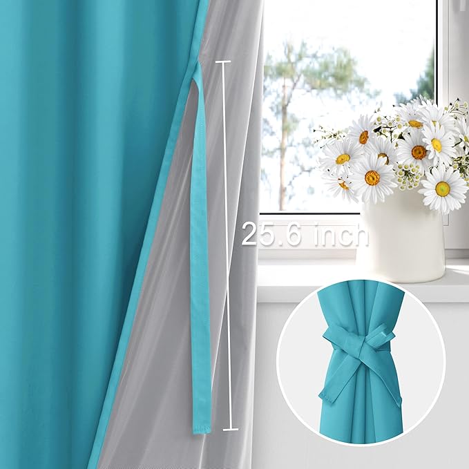 XWZO Full Shading Blackout Curtains with Tiebacks - Heat and Light Blocking Ring Top Window Drapes with Black Liner Backing for Bedroom/Kid's Room, Turquoise, W42 x L72, Set of 2 Panels