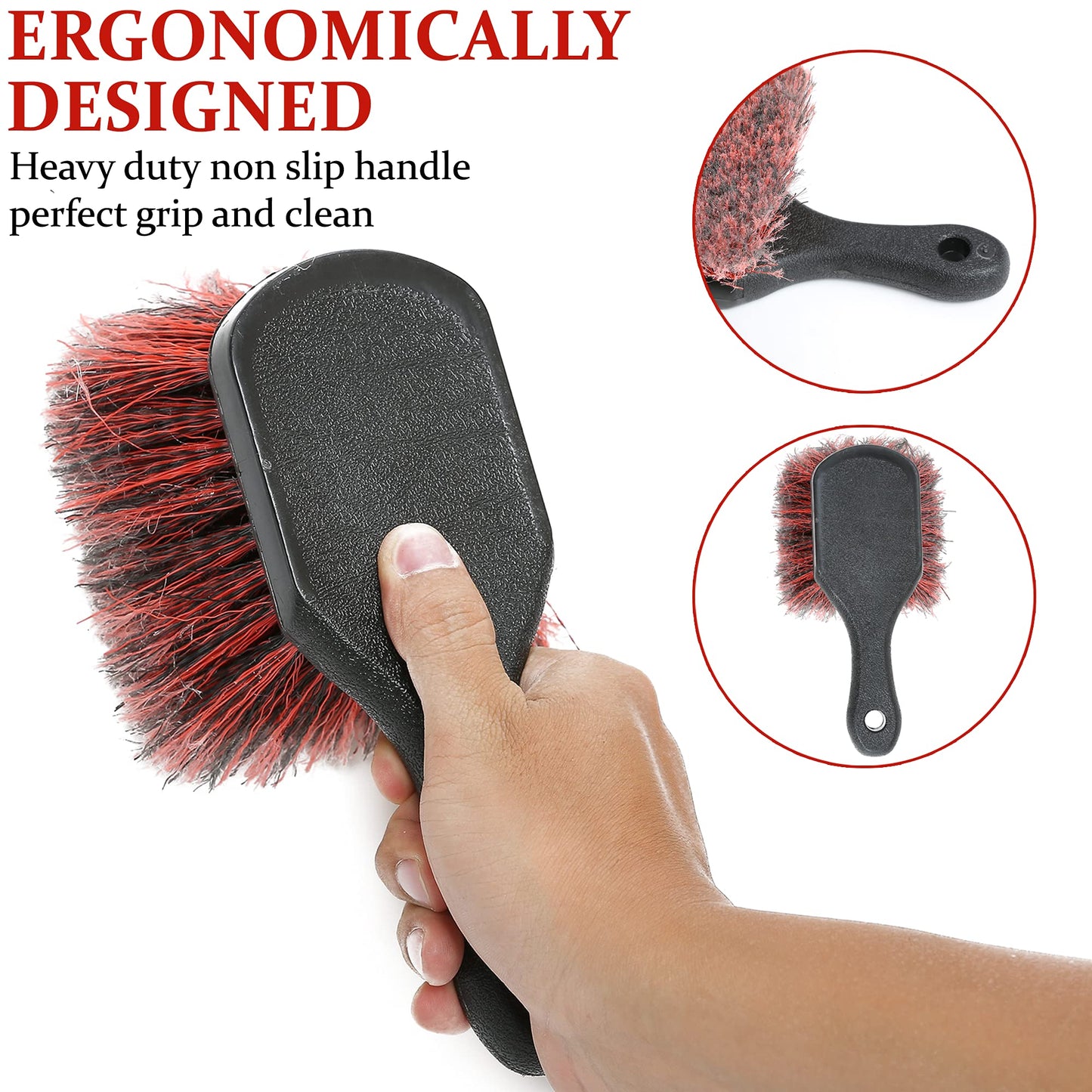 TAKAVU Wheel Tire Brush - Soft Bristle with Short Handle, Included Detailing Brush - Car Cleaning Kit for Rims, Tires, Interior Vents, Emblems - Scratch Safe