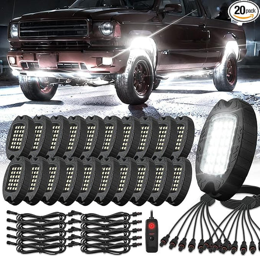 20 Pods Alloy Pure White LED Rock Lights with Extension Wires, IP68 Waterproof Shockproof 24LEDs 6500K Super Bright White Neon Underglow Kit for Semi Trucks Trailer Offroad Pickup Boats Sedans RV