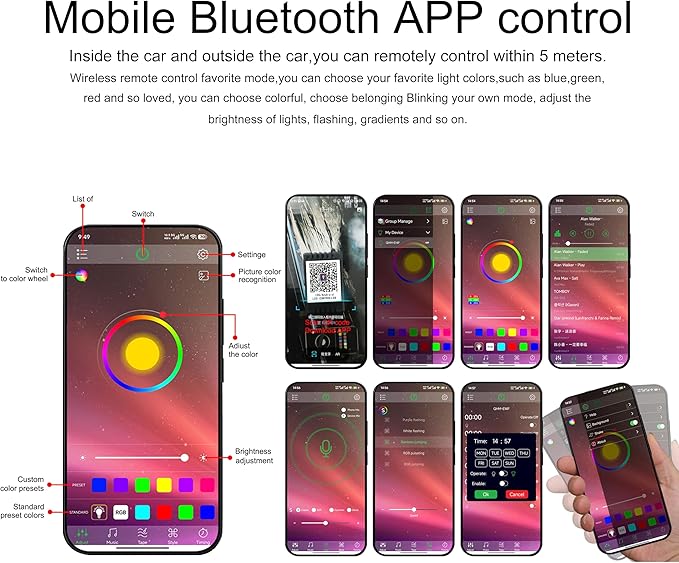 6 m Optic Fiber Car Ambient Footwell Lighting Kit Bluetooth App Control 64 Colors Multicoloured Music Interior Lighting Kit 12V 1W