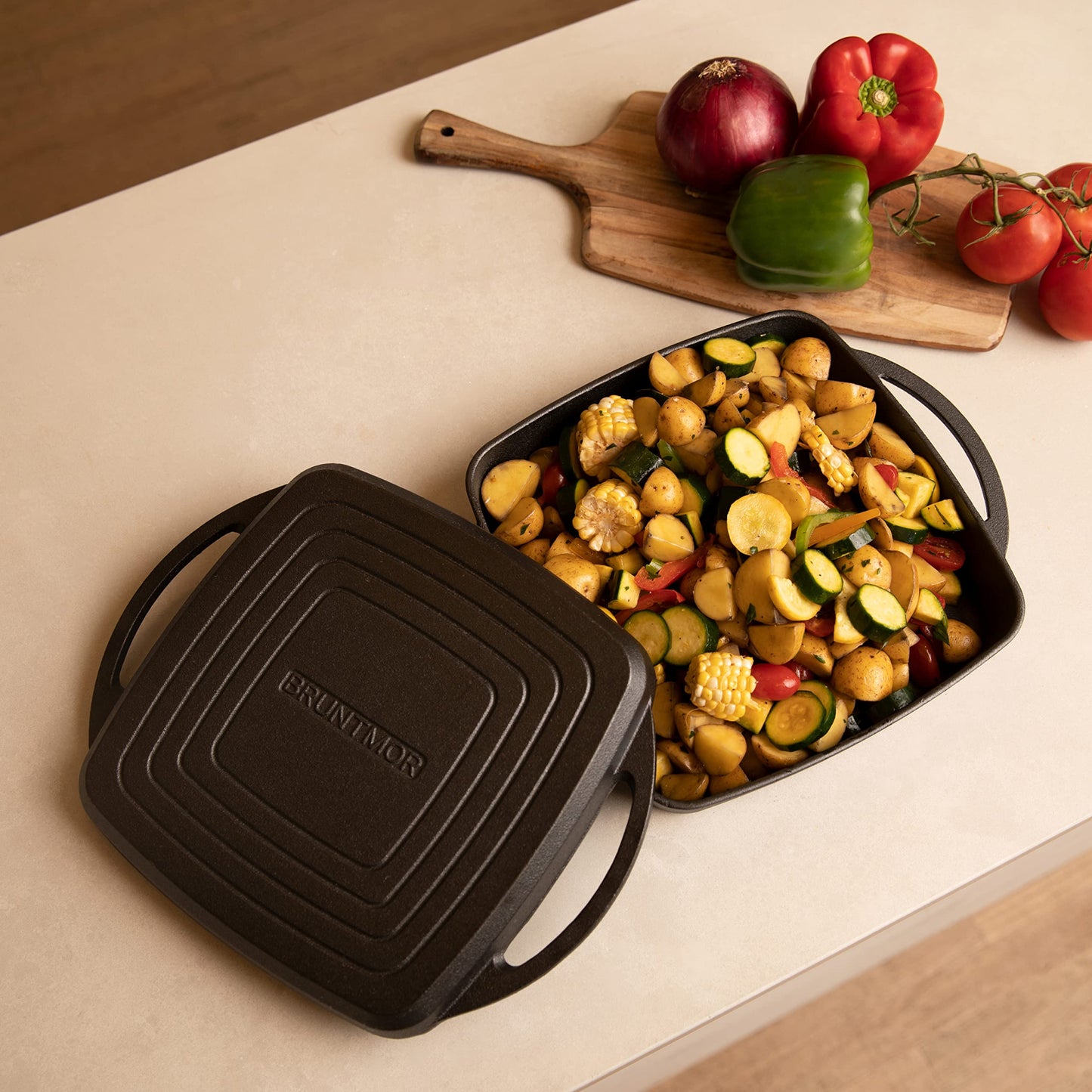 Bruntmor 2-in-1 Pre-Seasoned Cast Iron Dutch Oven and Grill Pan with Dual Handles - 11-Inch Non Stick Square Casserole Dish with Lid - Cast Iron Cookware for Braising, Crock Pot and Oven Safe Skillet