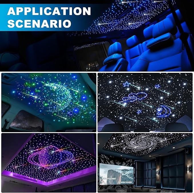 Car Starlight Headliner Kit, 4 Colors 32W Twinkle & Meteor Fiber Optic Ceiling Lights, 2 in 1 Light Engine 600pcs*0.03in*13.1ft+240 RGBW Shooting Stars Headliner Lights for Car Roof Décor