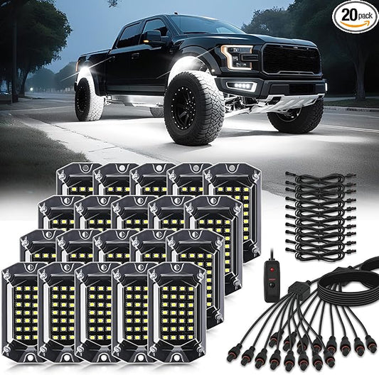 20 Pods Full Angle Pure White LED Rock Lights with Extension Wires, 28 LEDs 6500K Super Bright White Neon Underglow Kit IP68 Waterproof for Semi Trucks Trailer Offroad Pickup Boats RV Vans SUV UTV