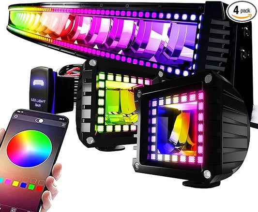 52" Curved RGB LED Light Bar 2X 4 Flood LED Pods with Chasing RGB Halo 16 Solid Colors Offroad Driving Fog Lights with Switch Wiring Harness