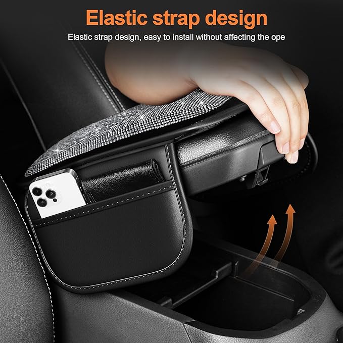 Bling Car Center Console Cover Custom Fit for Jeep Cherokee Compass Gladiator Liberty Patriot Renegade Wrangler - Leather Armrest Cover with 2 Storage Pockets and Crystal Rhinestones(Black)