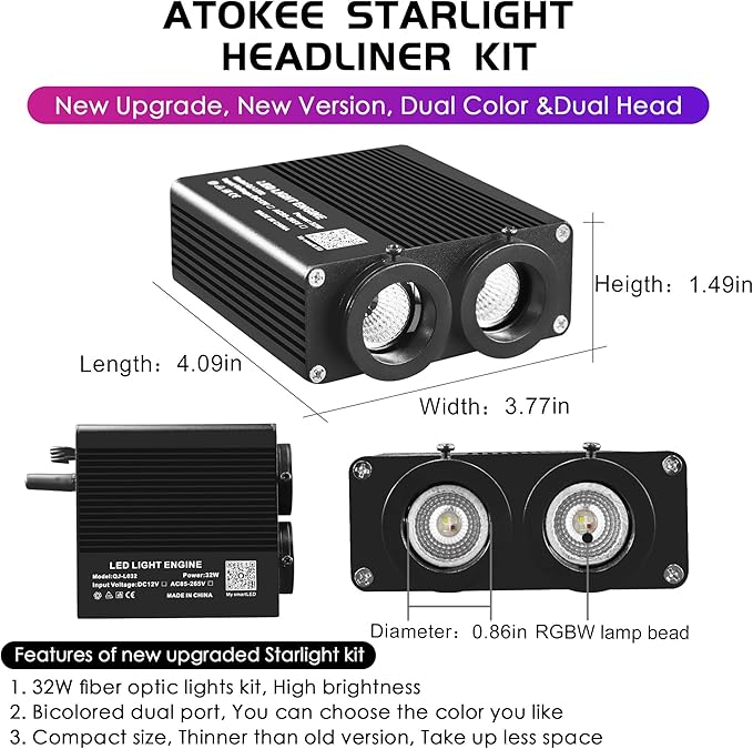 ATOKEE 32W Dual Color Starlight Headliner Kit, Sound Activated Fiber Optic Star Roof Lights with APP/Remote Control, 750pcs*(0.03+0.04+0.06in)*9.8ft