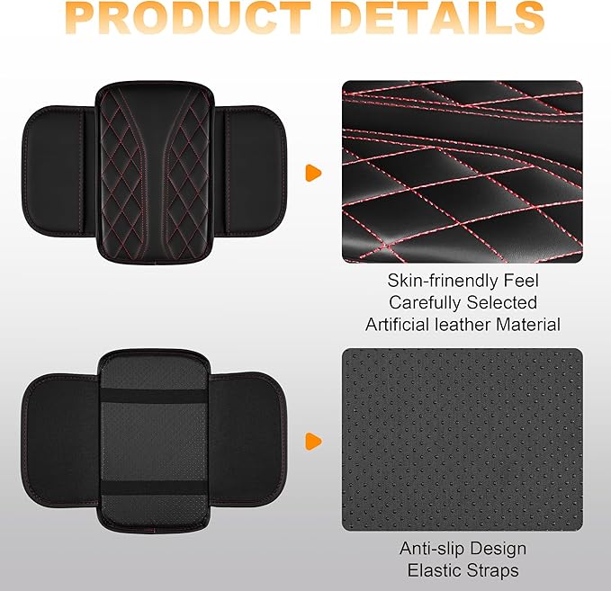Car Center Console Cover Fit for Jeep Compass - Leather Armrest Covers with 2 Storage Pockets(Black&Red)