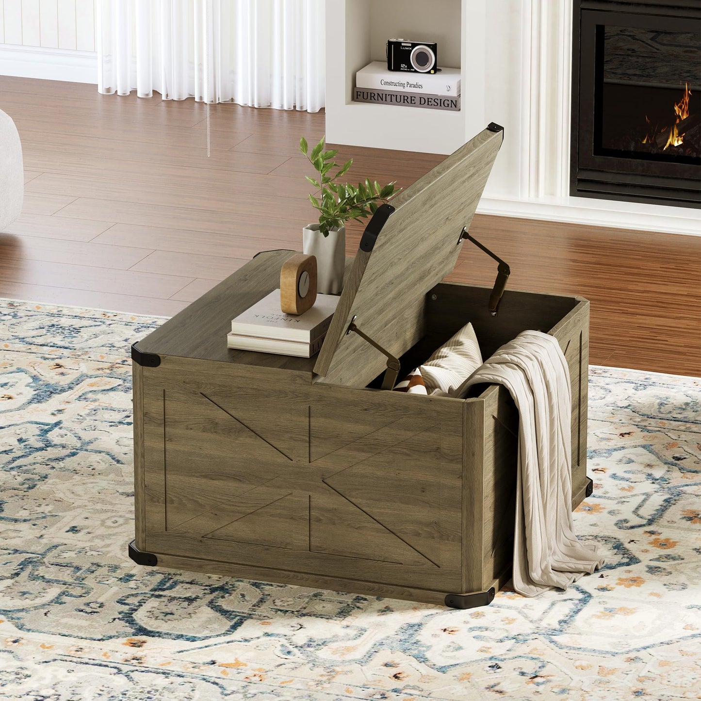 HOPUBUY Farmhouse Coffee Table with Hidden Storage - Rustic Wood Center Table for Living Room, Metal Corner Reinforcement, Square Design with Flip-Top Compartment, Brown