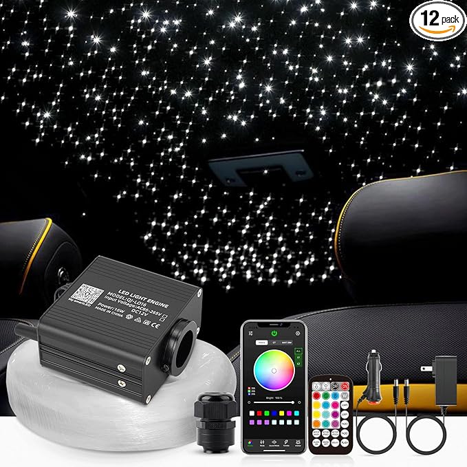 16W Twinkle Starlight Headliner Kit, 450pcs*0.03in*9.8ft Fiber Optic Strands Bluetooth APP/Remote/Music Control, RGBW Car Star Ceiling Light Kit+Adapter+Car Use Plug for Home/Theater