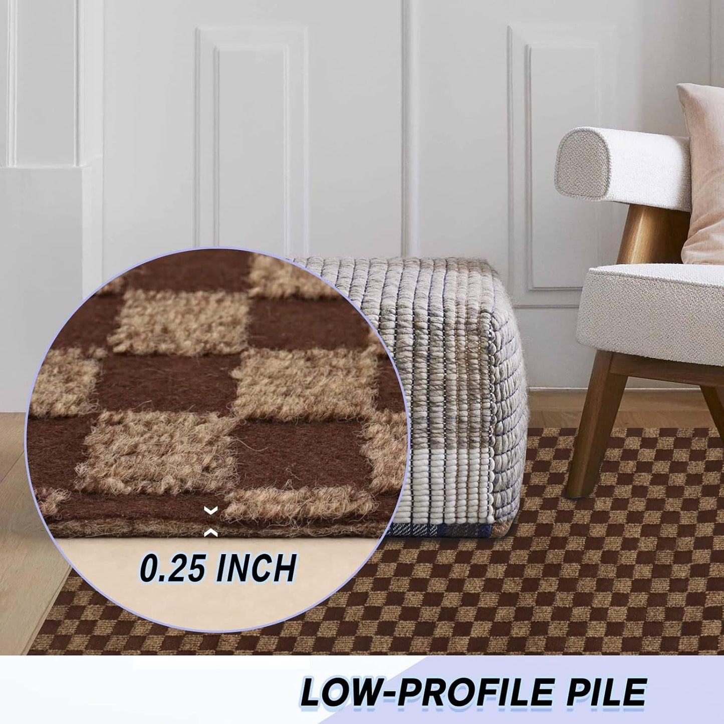 Custom Size Backed Non-Slip Area Rugs Runner, Easy Clean, Waterproof Runner Rugs for Hallway Entryway, Kitchen, Laundry, 3FT x 10FT, Brown Checkered