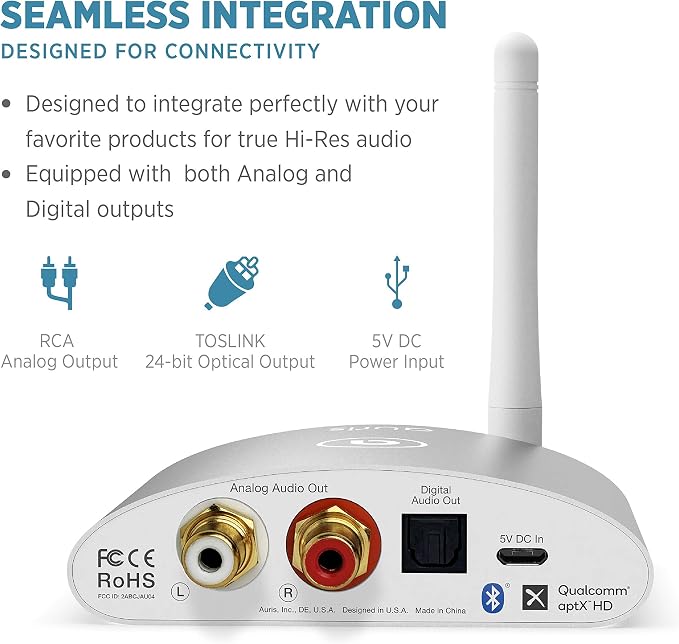 Auris Blume HD Long Range Bluetooth 5.3 Music Receiver Hi-Fi Audio Adapter