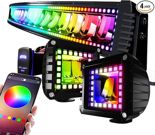 42" Curved RGB LED Light Bar 2X 4 Flood LED Pods with Chasing RGB Halo 16 Solid Colors Offroad Driving Fog Lights with Switch Wiring Harness
