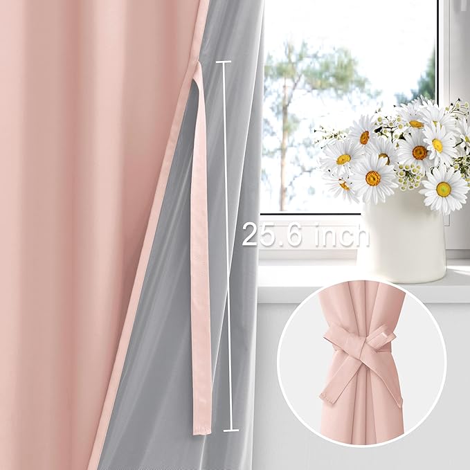 XWZO 100% Blackout Curtains 2 Panels with Tiebacks- Heat and Full Light Blocking Window Treatment with Black Liner for Kid's Room, Grommet Top, Blush Pink, W42 x L54, Set of 2