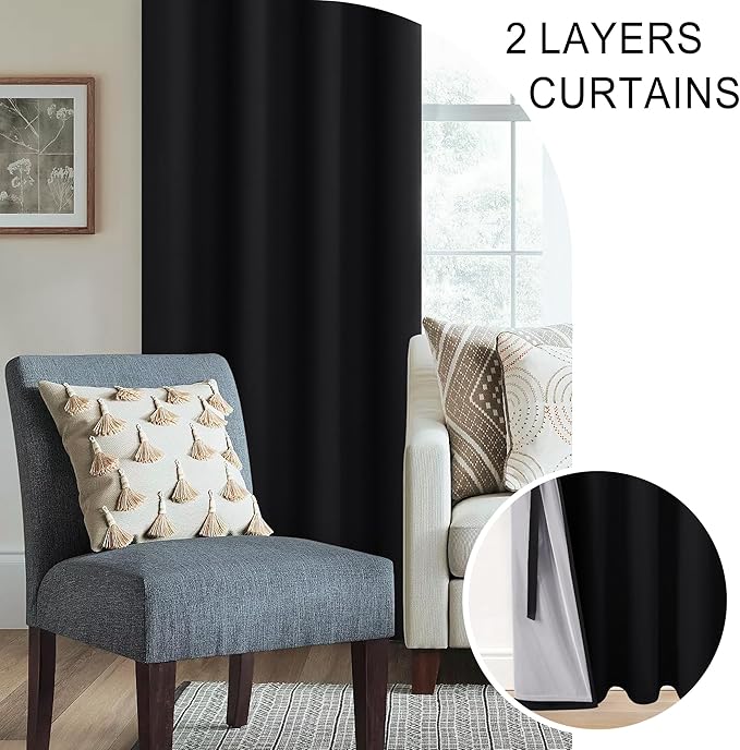 XWZO 100% Blackout Curtains 45 Inches Length with Tiebacks- Full Shade Window Drapes Thermal Insulated Double Layer with Black Liner for Small Short Windows, Grommet Top, Black, W38 x L45, Set of 2