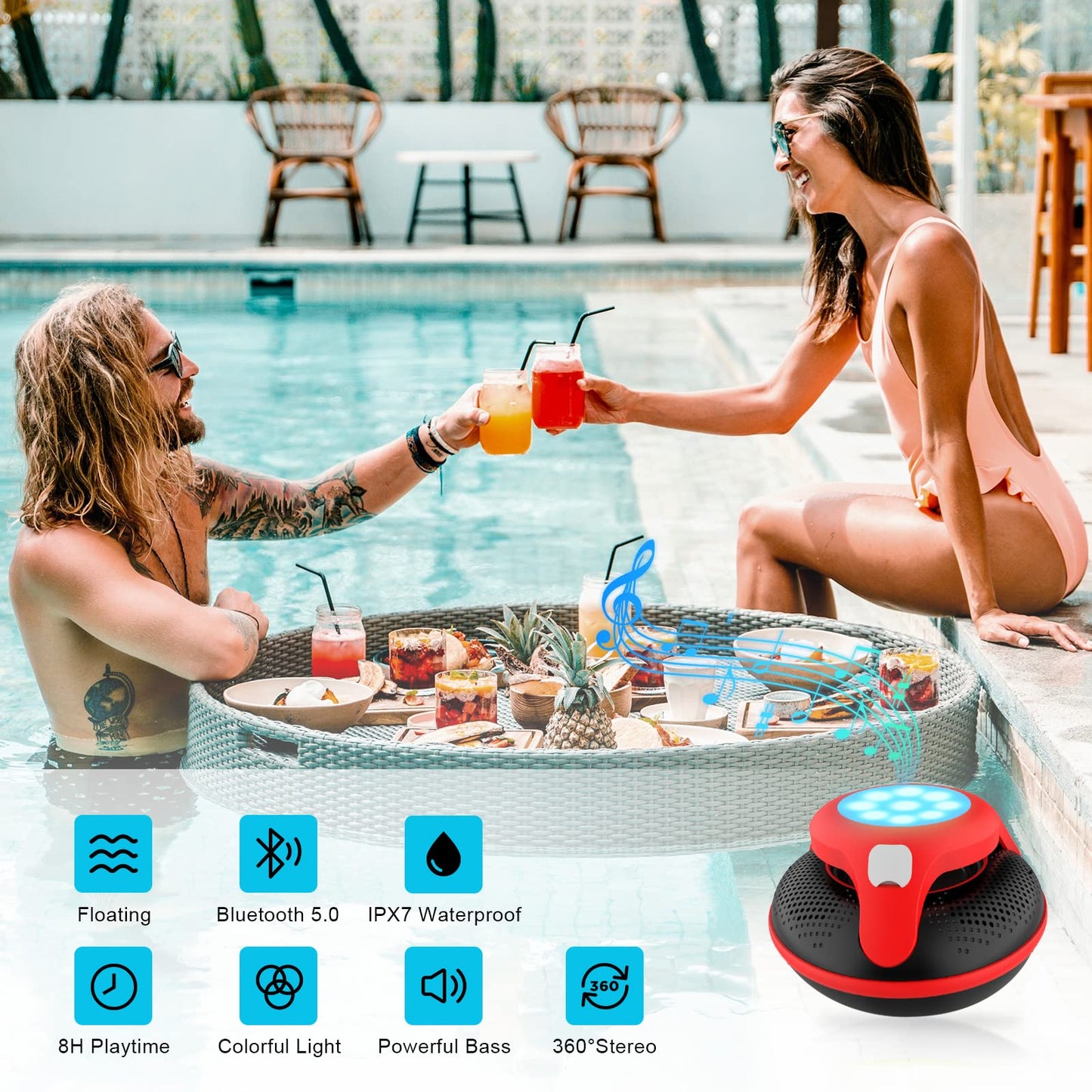 Portable Bluetooth Speakers,Wireless Floating Speaker Stereo with Waterproof IPX7 and Colorful LED Light,10 Meters Bluetooth Range Shower Speaker for Outdoor Pool Hot Tub Gifts (Red and Black)