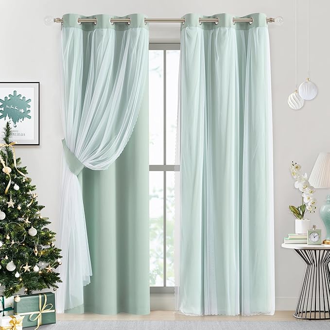 Bujasso Aqua 80% Blackout Curtains with Sheer Overlay Mix and Match Double Layer Thermal Insulated Window Panels 84 inch for Living Room Bedroom Mint Green Drapes with Tiebacks Grommet Top 37"Wx84"Lx2
