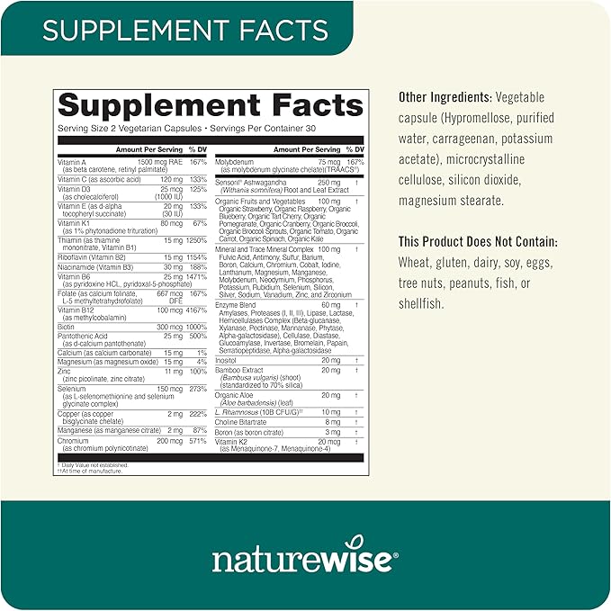 NatureWise Multivitamin for Men + Stress Support + Fulvic Ionic Minerals + Probiotics for Immunity, Male Health, Digestion + Whole Organic Foods - Vegetarian, Non-GMO - 60 Capsules[1-Month Supply]