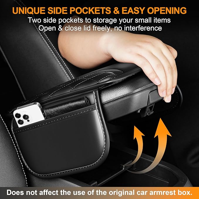 Car Center Console Cover Fit for Jeep Gladiator - Leather Armrest Covers with 2 Storage Pockets(Black)