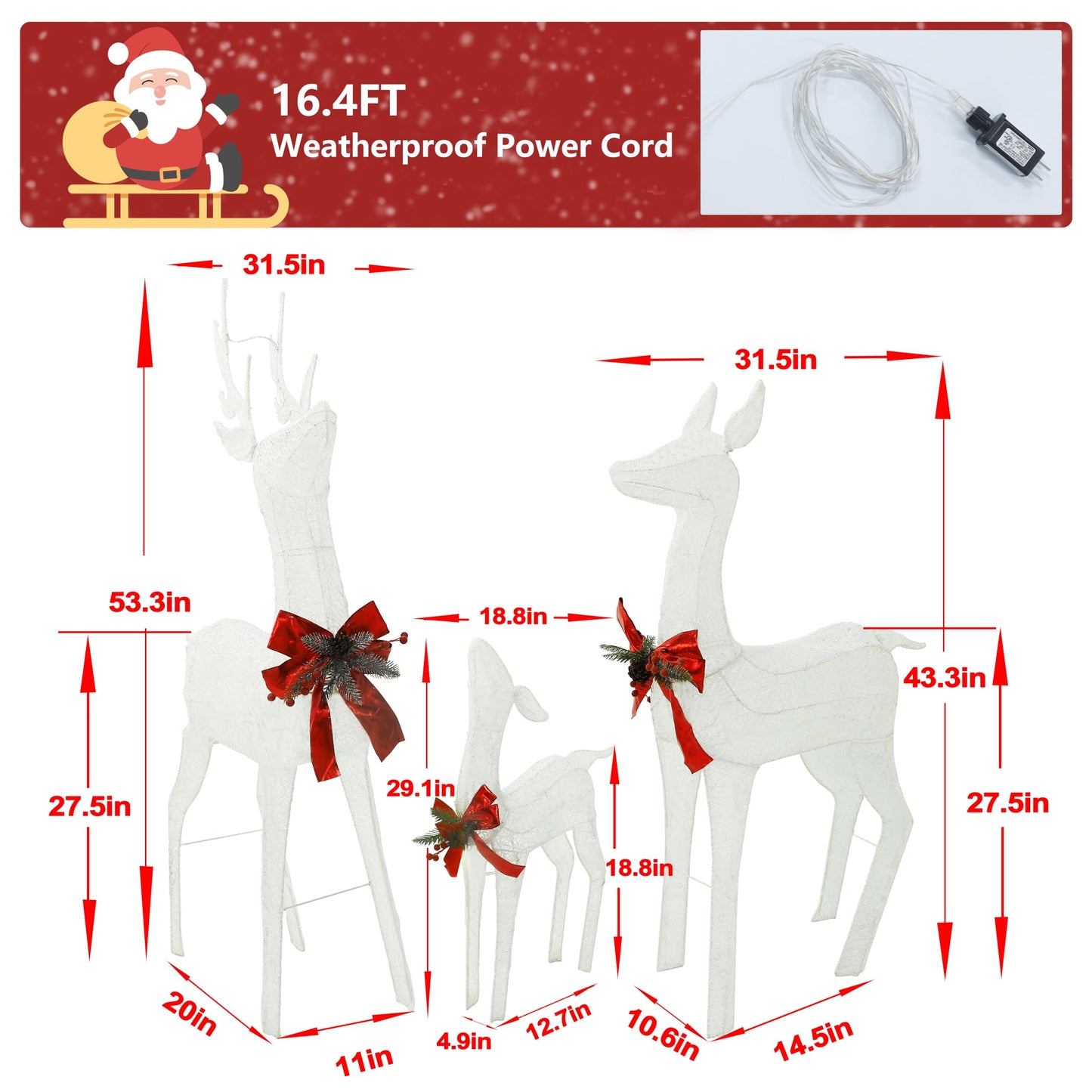 MUPATER Outdoor Christmas Decoration Lighted Deer Family Set Indoor, Christmas Holiday Yard Decor 3-Piece Set for Lawn and Home Party with Lights, Ground Stakes and Zip Ties, White
