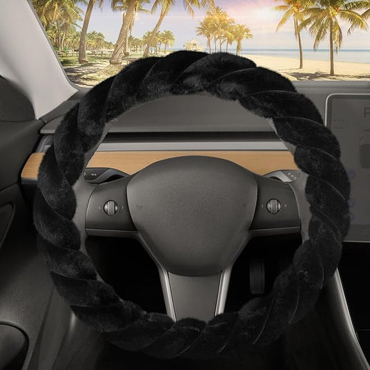 Carbella Twisted Fur Black Soft Steering Wheel Cover, Standard 15 Inch Size Fits Most Vehicles, Fuzzy Fluffy Car Steering Cover with Soft Faux Fur Touch, Car Accessories for Women