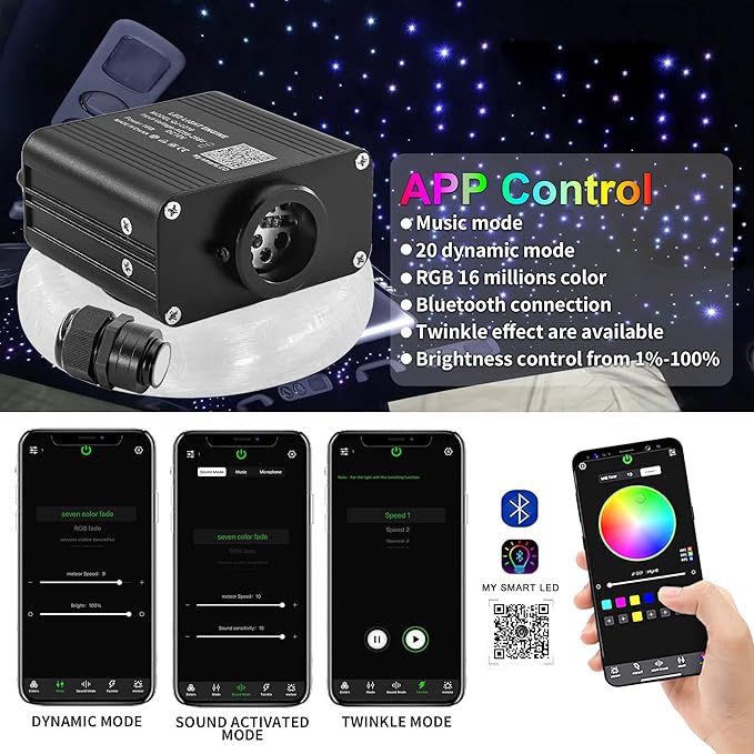 ATOKEE 16W Starlight Headliner Kit 300pcs 0.03in 9.8ft, Twinkle + Sound Activated Compact Size Fiber Optic Star Roof Lights for Car with APP/RF Remote
