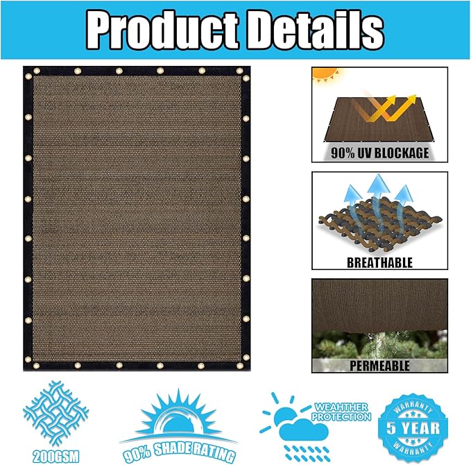 Amagenix 90% Shade Fabric 9'X 20' Mocha Sun Shade Cloth with Grommets for Pergola Replacement Shade Cover Canopy, Heavy Duty, Cable Zip Ties Included (We Customized)